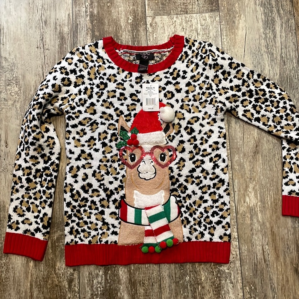 Women's Holiday Llama Leopard Print Sweater Hoodie - Red Trim